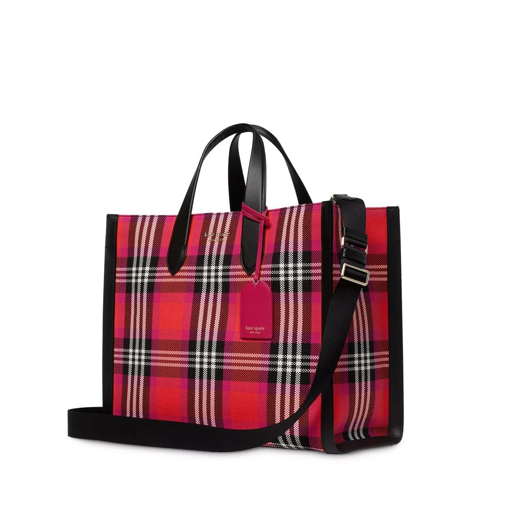 kate spade new york Manhattan Foliage Plaid Fabric Large Tote Bag Pink Multi EUC - Picture 12 of 14